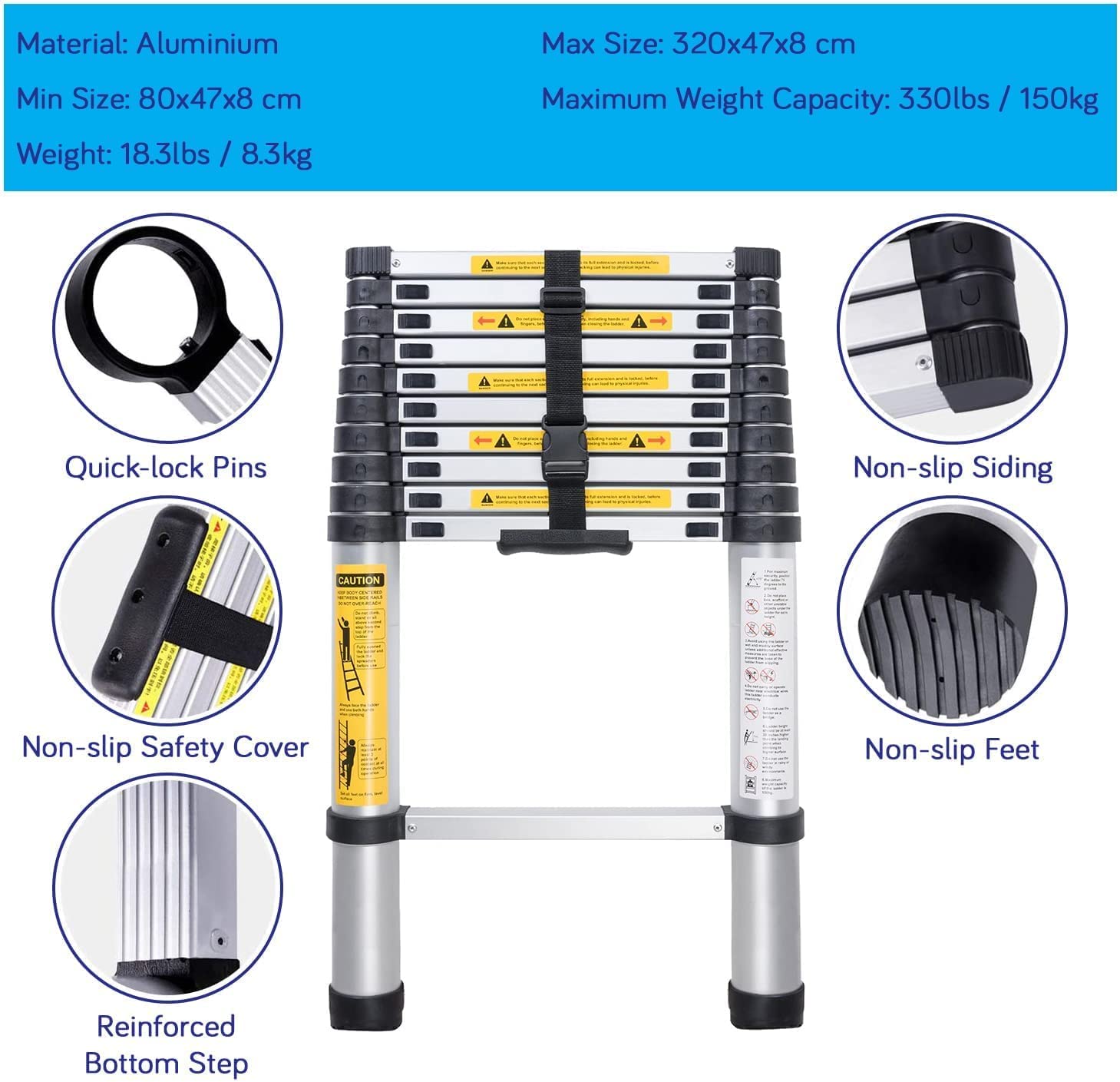 T338411 Aluminium Telescoping Ladder Lightweight 2.9M