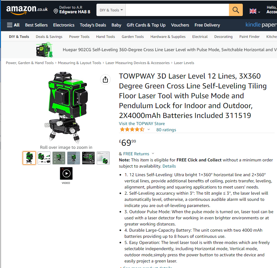 311519 TOWPWAY 3D Laser Level 12 Lines, 3X360 Degree Green Cross Line Self-Leveling