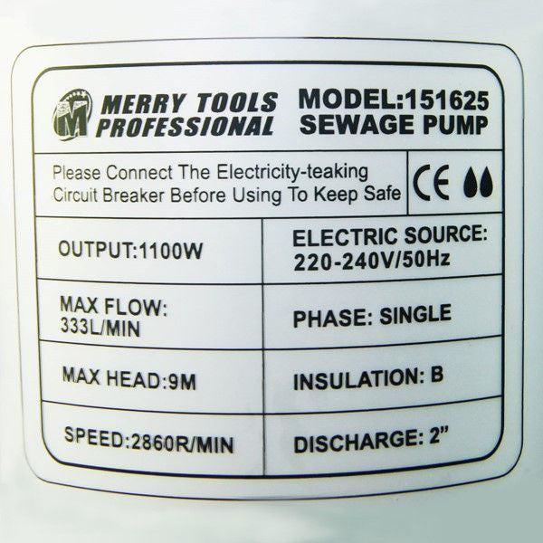 151625 Sewage Water Pumpe 1100W غاطسة مي 1100 واط