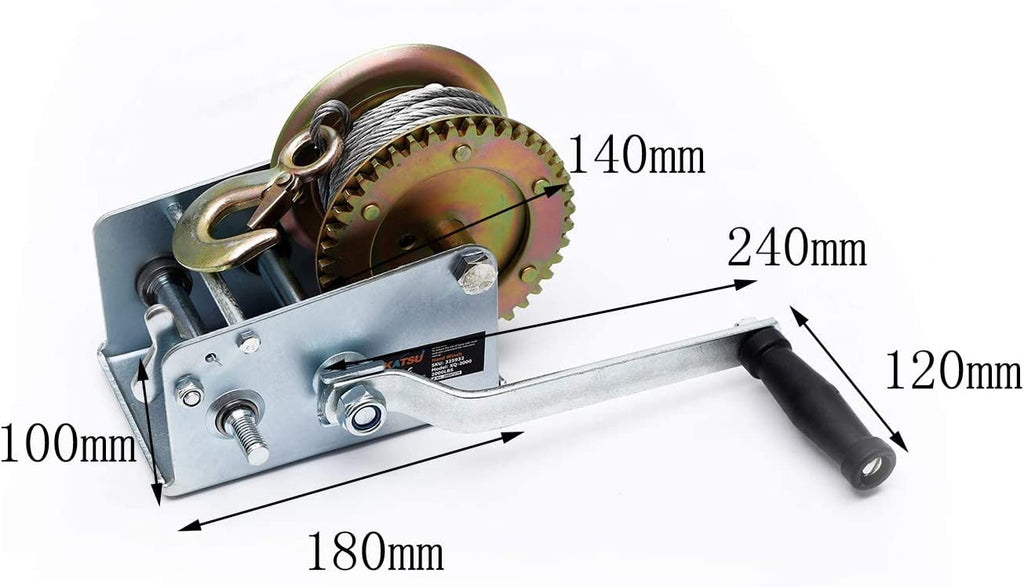 KATSU Heavy Duty Hand Cable Winch, 2000LB 900KG