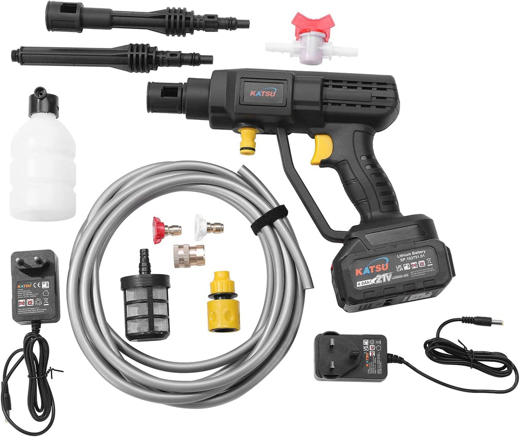 KATSU FIT-BAT 21V Cordless Pressure Washer with 4.0Ah Battery and Charger, Portable High Pressure Washer Cleaner Gun