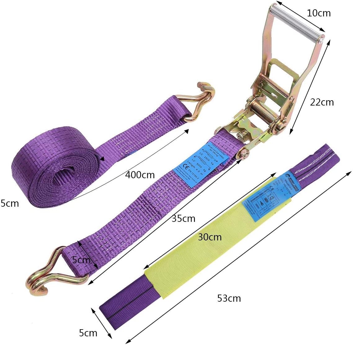 451870 Car Recovery Ratchet Tie Down Straps - 4 Pieces