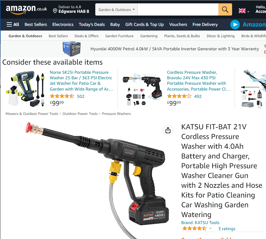 KATSU FIT-BAT 21V Cordless Pressure Washer with 4.0Ah Battery and Charger, Portable High Pressure Washer Cleaner Gun