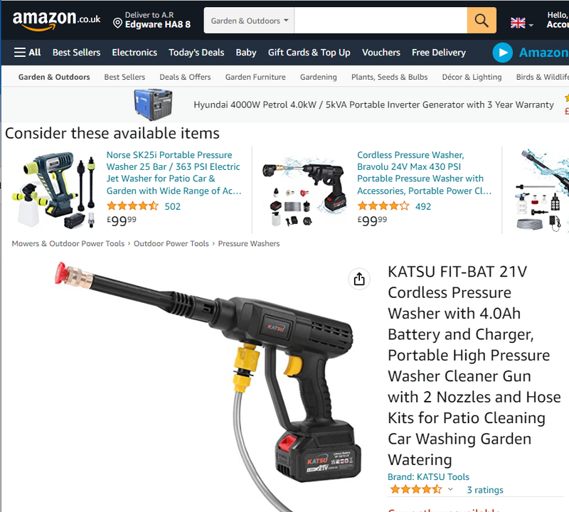 102485 KATSU FIT-BAT 21V Cordless Pressure Washer with 4.0Ah Battery and Charger, Portable High Pressure Washer Cleaner Gun