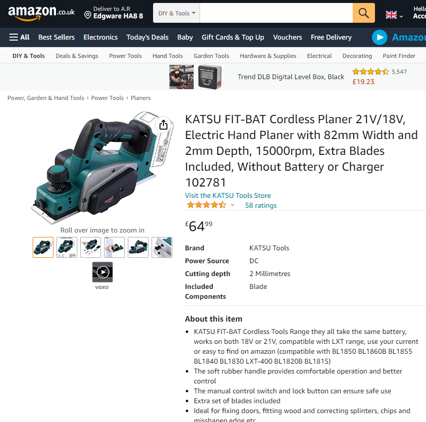 KATSU FIT-BAT Cordless Planer 21V/18V, Electric Hand Planer