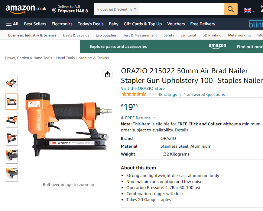 215022 Orazio 50mm Air Brad Nailer Stapler Gun