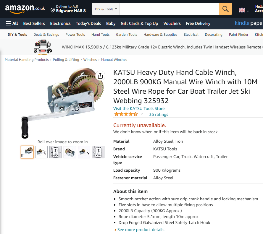 KATSU Heavy Duty Hand Cable Winch, 2000LB 900KG