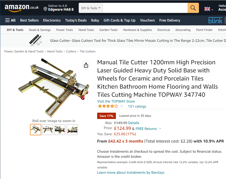 347740 Manual Tile Cutter 1200mm High Precision Laser Guided Heavy Duty Solid Base with Wheels