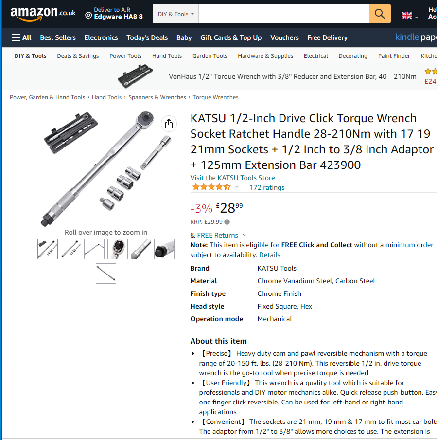 423900 KATSU 1/2-Inch Drive Click Torque Wrench Socket Ratchet Handle 28-210Nm