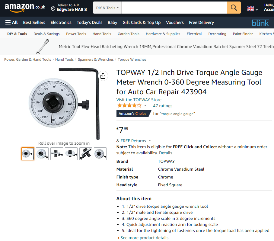 423904 TOPWAY 1/2 Inch Drive Torque Angle Gauge Meter Wrench 0-360 Degree