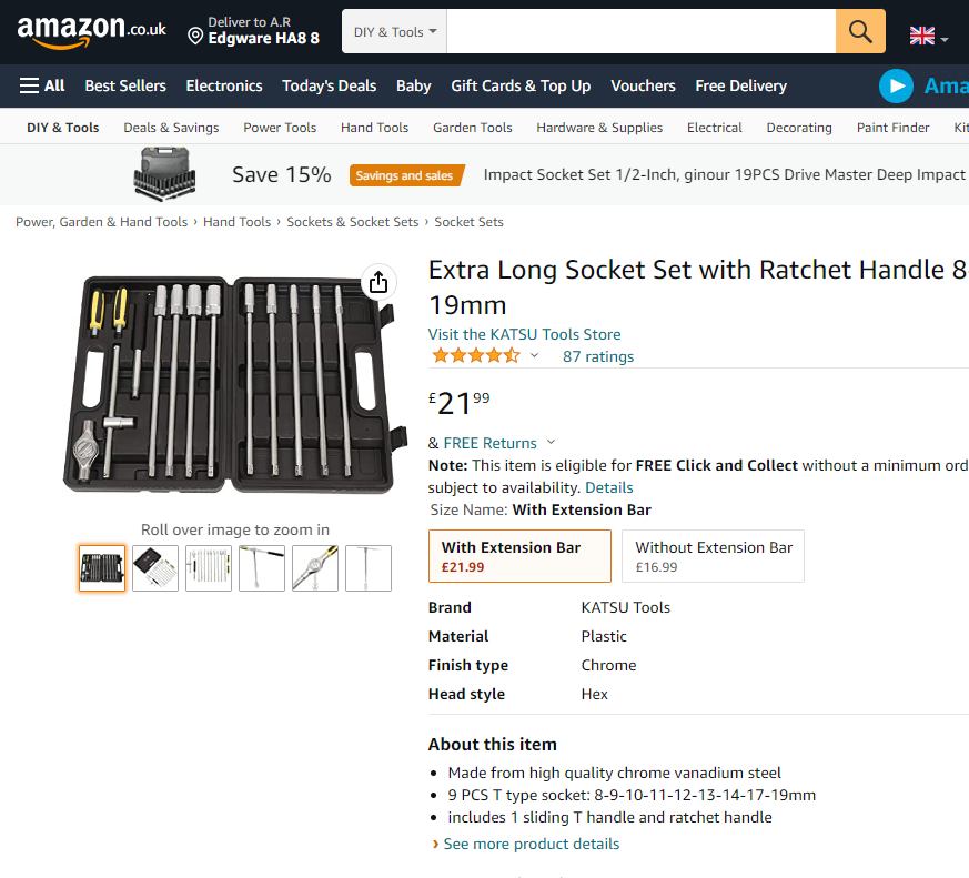 435202 Extra Long Socket Set with Ratchet Handle 8-19mm