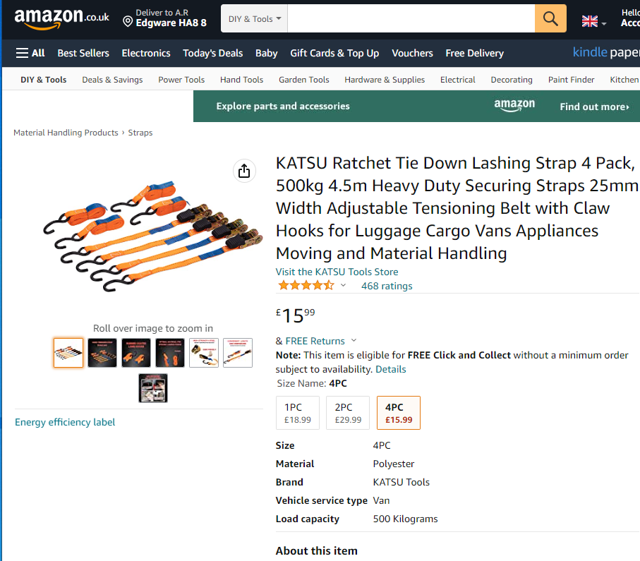 451805 KATSU Ratchet Tie Down Lashing Strap 4 Pack, 500kg 4.5m 25mm