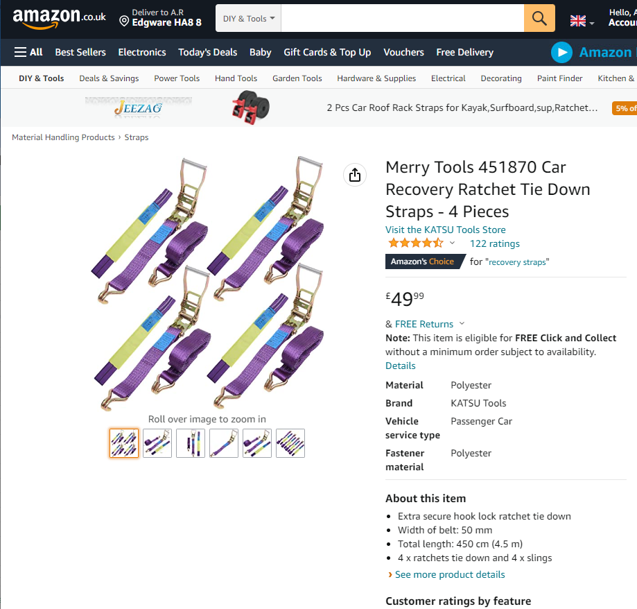 451870 Car Recovery Ratchet Tie Down Straps - 4 Pieces