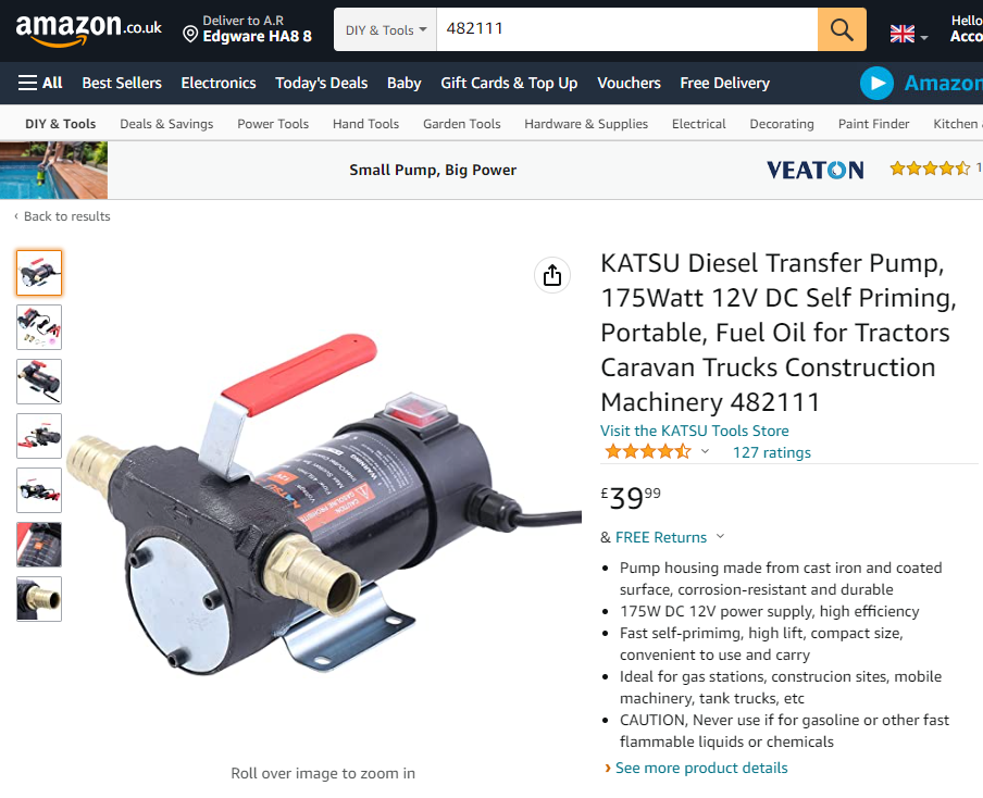 482111 KATSU Diesel Transfer Pump, 175Watt 12V DC Self Priming